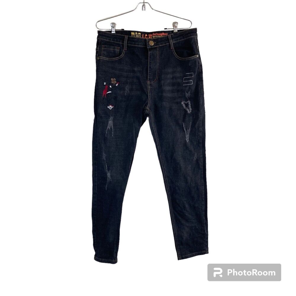 JCW Jin Chang Wang Mens Black  Jeans M 34 Embroidered Distressed Ultra Hi Rise